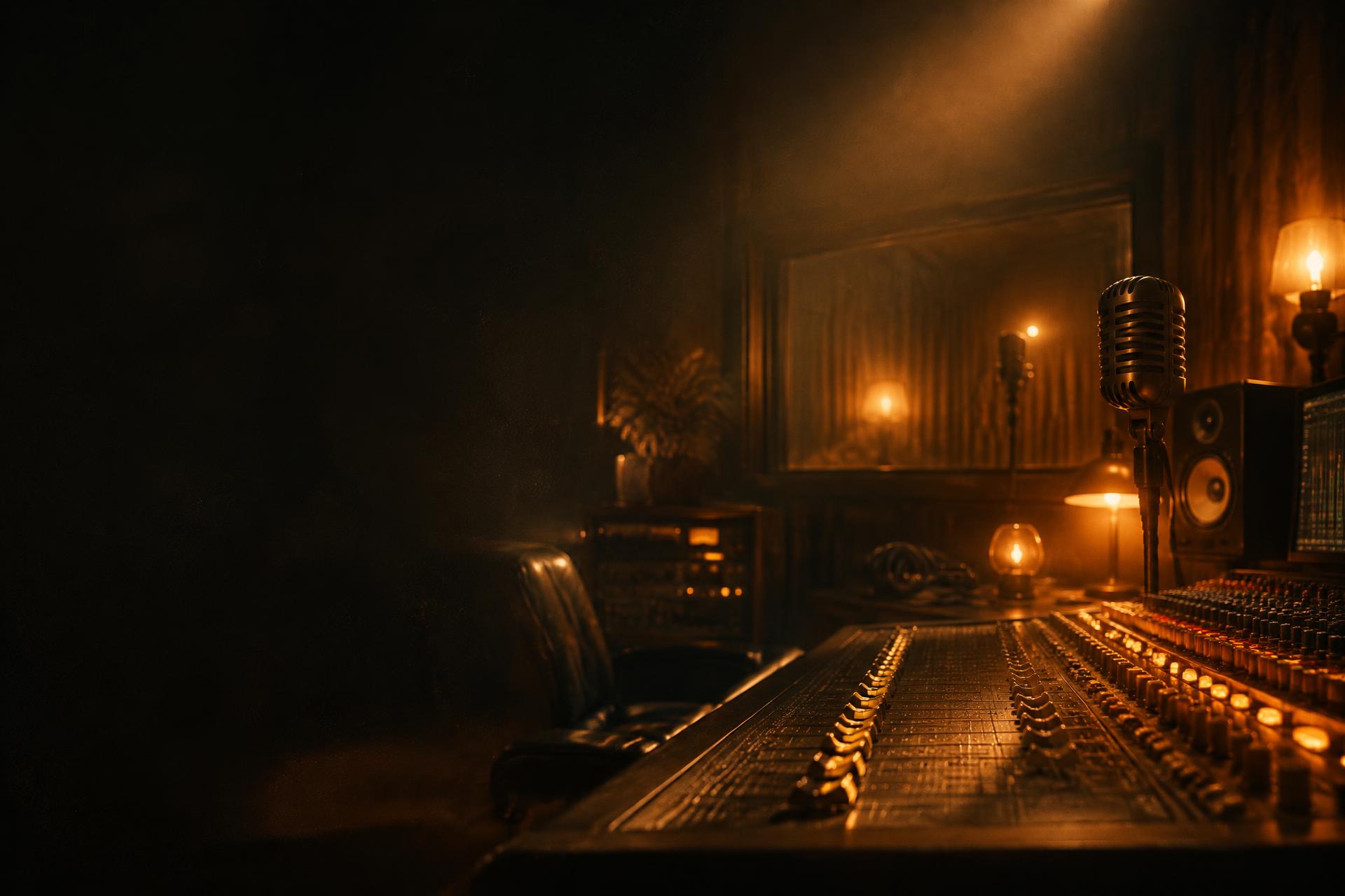 Warm-lit recording studio with a mixing console and vintage microphone